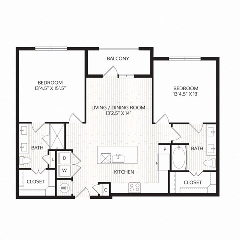 Floor plan for 2 beds, 2 baths, 1141 sqft